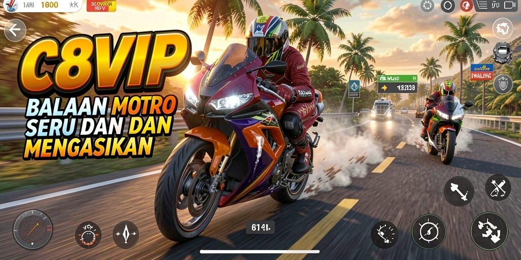 Screenshot gameplay C8VIP menunjukkan balapan motor yang mendebarkan.