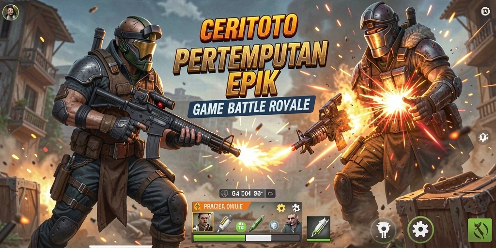 Screenshot utama CERITOTO menampilkan aksi pertempuran seru dalam game Battle Royale.
