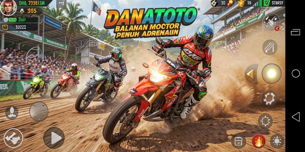 Screenshot gameplay menunjukkan balapan motor yang intens dan penuh aksi.