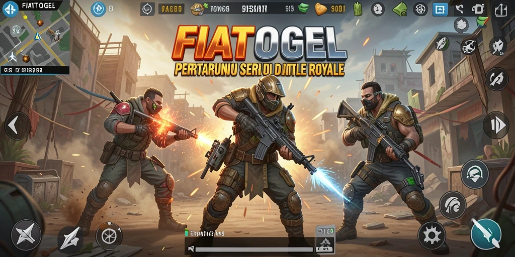 Screenshot gameplay FIATOGEL menampilkan pertarungan intens dan strategis di arena Battle Royale.
