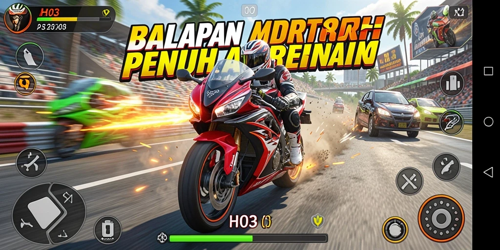 Screenshot gameplay H03 menampilkan balapan motor yang mendebarkan.
