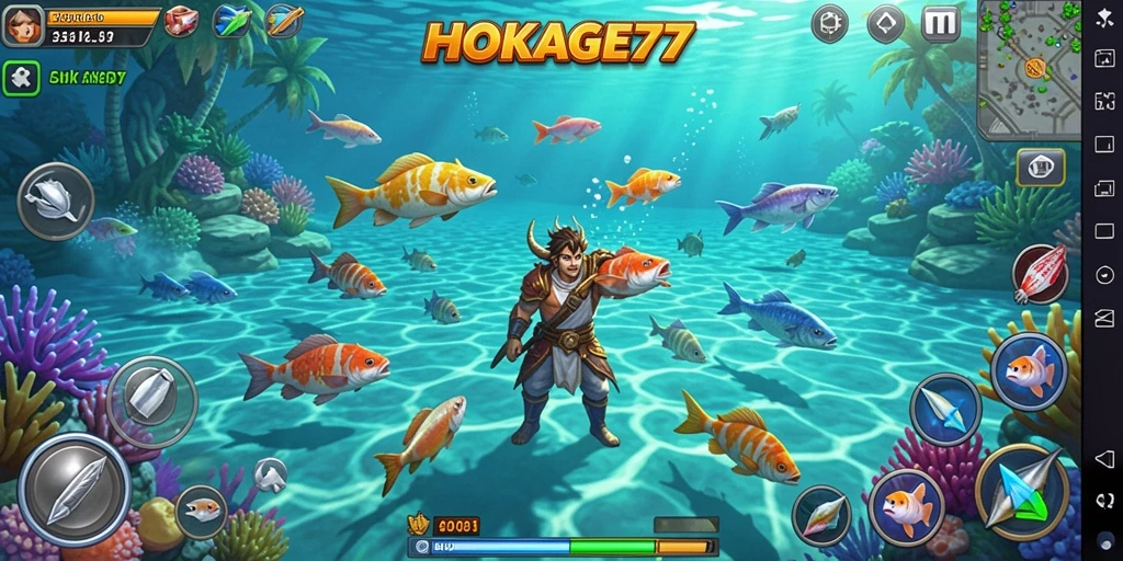 Tangkapan layar gameplay <strong>HOKAGE77</strong> yang menunjukkan aksi menembak ikan.