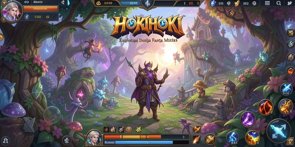 Screenshot gameplay HOKIHOKI menampilkan petualangan di dunia fantasi.