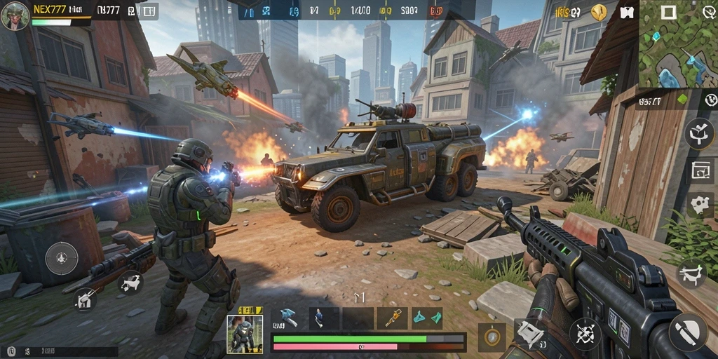 Screenshot gameplay NEX777 menunjukkan pertempuran strategi yang mendebarkan.