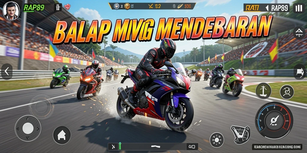 Screenshot utama RAP89 menampilkan aksi balapan motor yang seru.